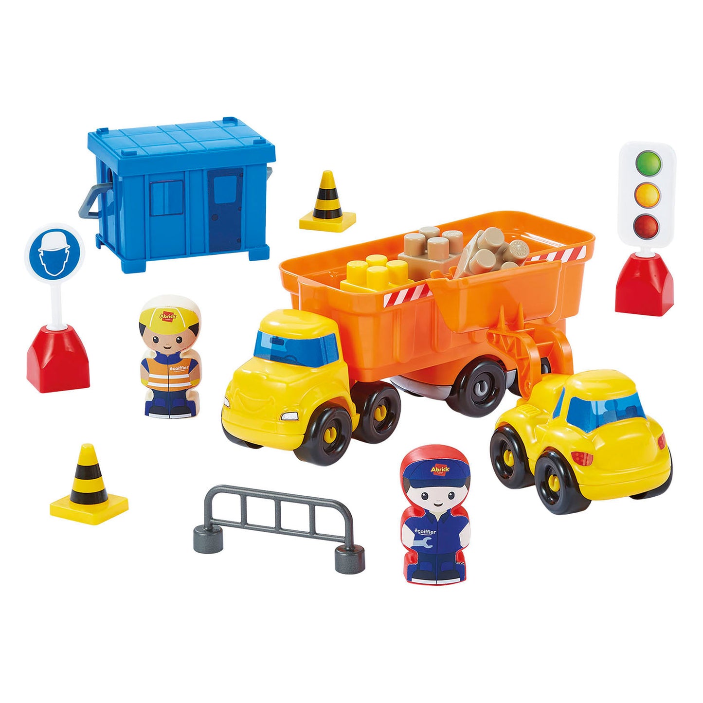Ecoiffier abrick blocs de construction chantier avec grue avec 3 véhicules