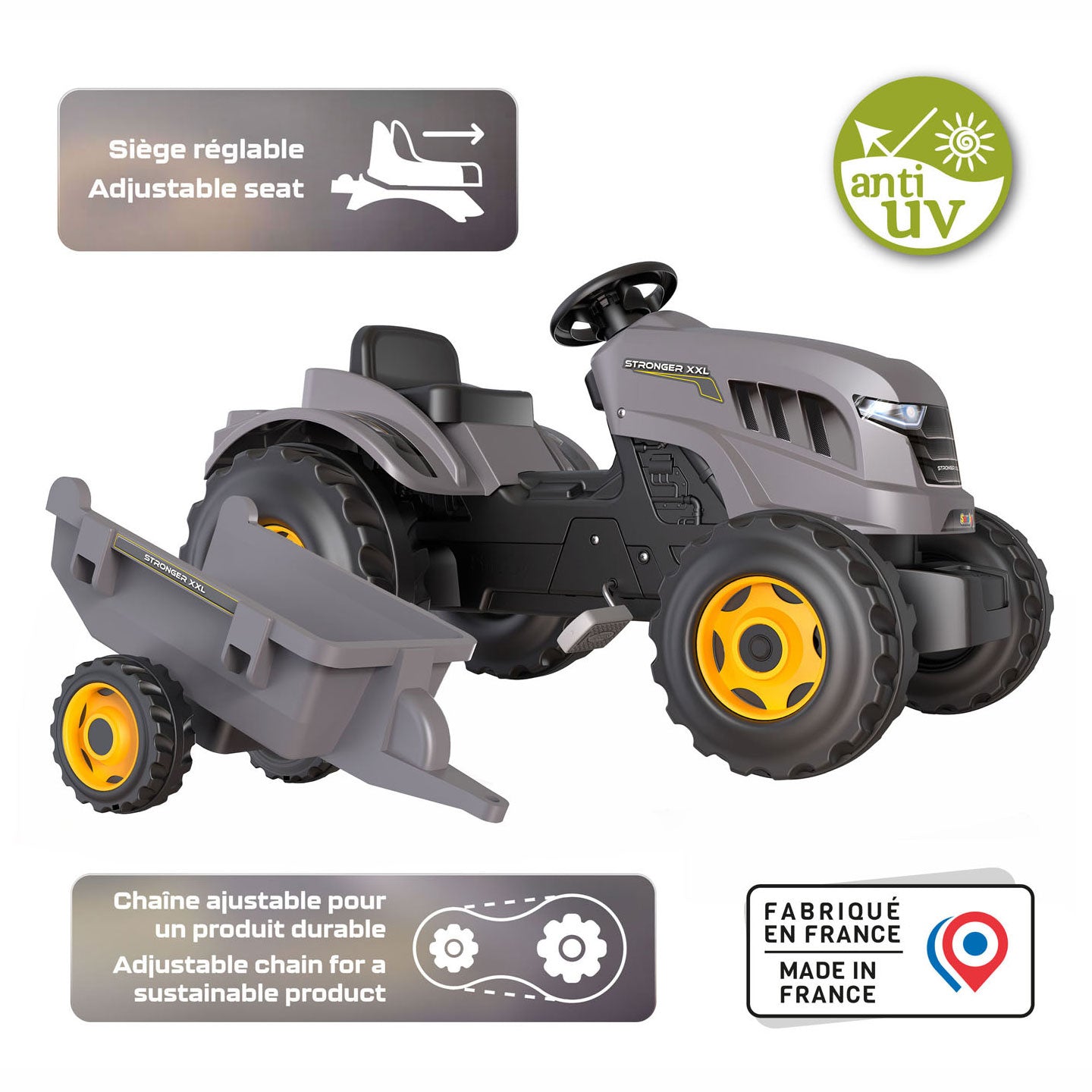 Smoby Stronce plus fort tracteur à pédale avec gris remorque