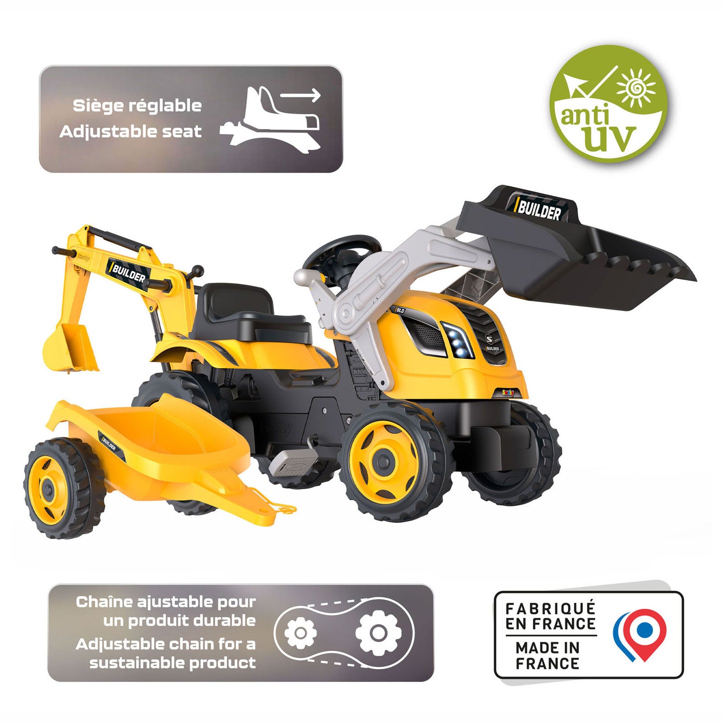Smoby Builder Max Excavator Tracteur avec remorque jaune