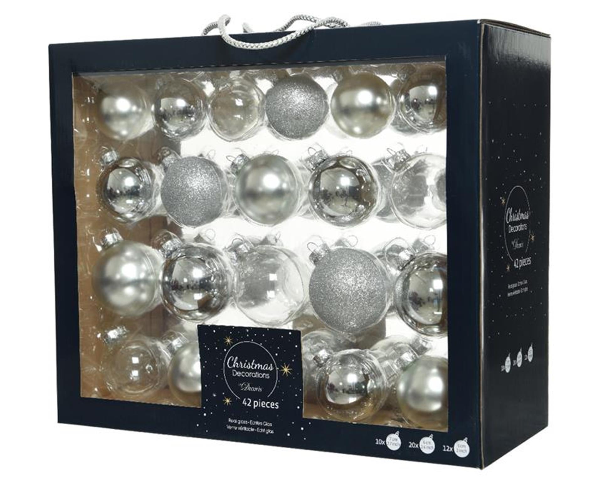 Decoris Jeu de boules de Noël en verre mélangé argenté42 pcs.