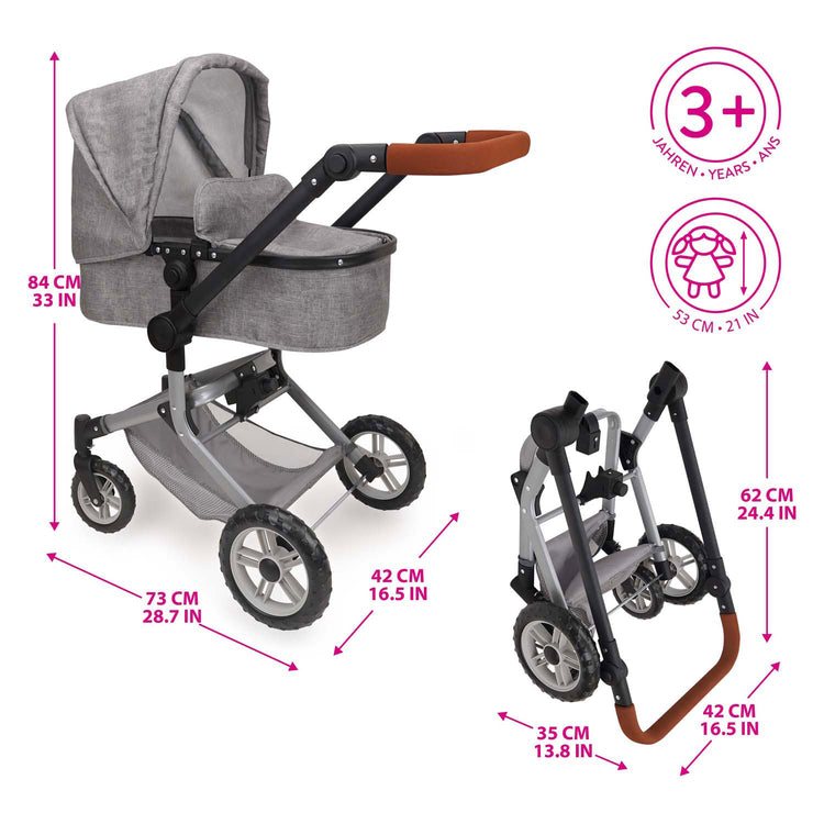 Landau pour poupée 2 en 1 avec sac - gris