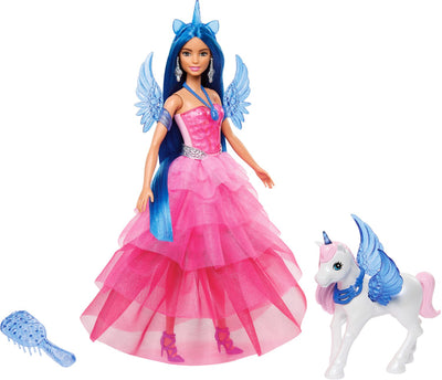 Poupée de licorne Mattel avec cheveux bleus, robe rose et alicorne