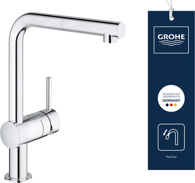 Robinet de cuisine Grohe Minta - bec en L - plage de pivotement 360° - avec douchette extractible - chrome