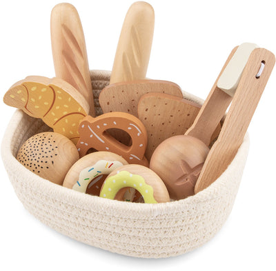 Woet ® ensemble de jeu corbeille à pain en bois - divers sandwichs à pâtisserie dans un panier avec pinces - jeu de rôle boulangerie - accessoires de cuisine jouets pour enfants - à partir de 2 ans