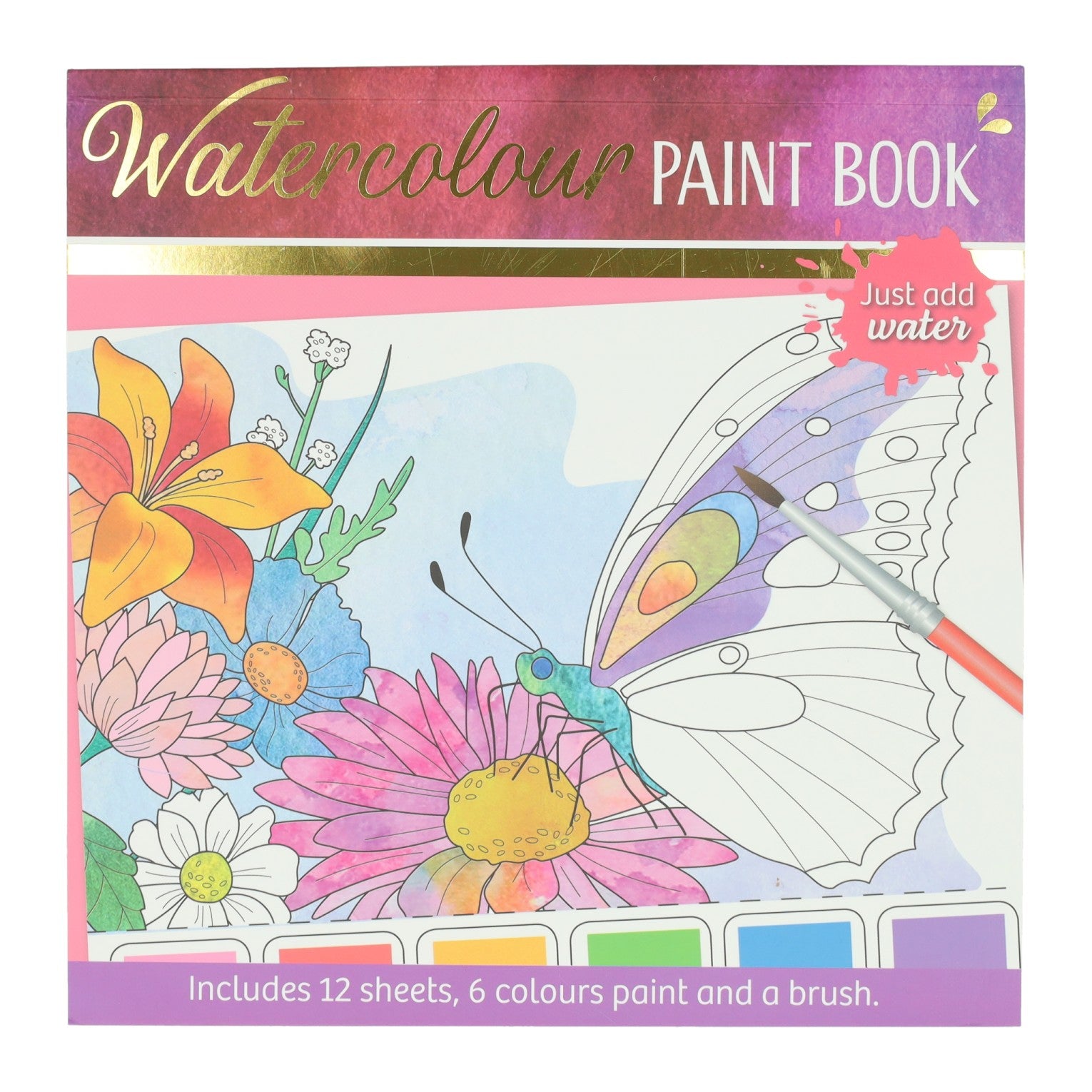 Wins Holland bloc de coloriage aquarelle pour adultes - papillons et fleurs - comprenant un pinceau et 6 couleurs d'aquarelle