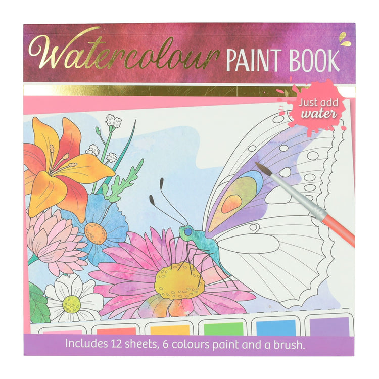 Wins Holland bloc de coloriage aquarelle pour adultes - papillons et fleurs - comprenant un pinceau et 6 couleurs d'aquarelle