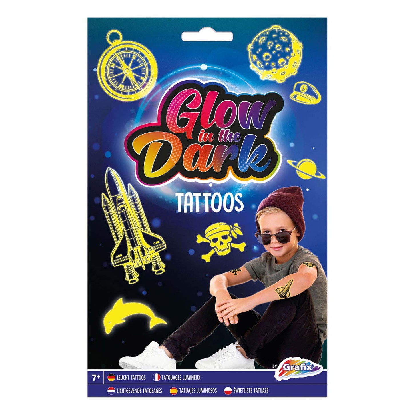Groupe d'artisanat créatif brille dans les tatouages ​​sombres blauw
