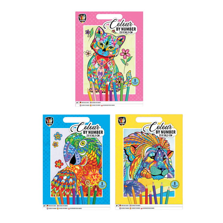 Groupe d'artisanat créatif couleur par numéro d'animal avec 8 crayons de couleur