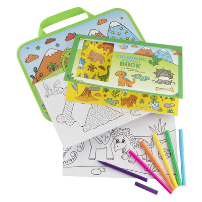 Plateau de voyage pour groupe d'artisanat créatif, avec plateau. livre d'activités à colorier - dinosaure