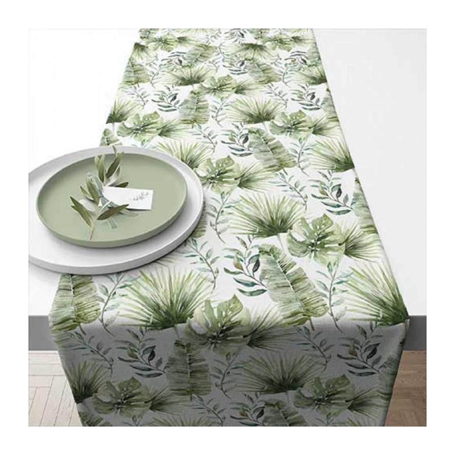 Ambiente chemin de table feuilles de jungle blanc