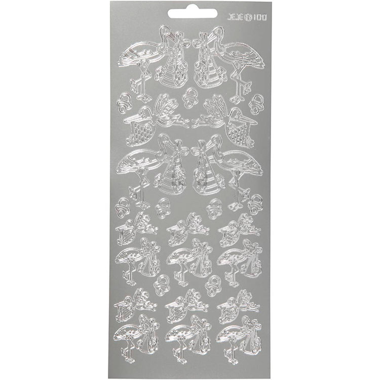 Autocollants Creativ company, cigogne avec bébé, feuille 10x23 cm, argent, 1 feuille