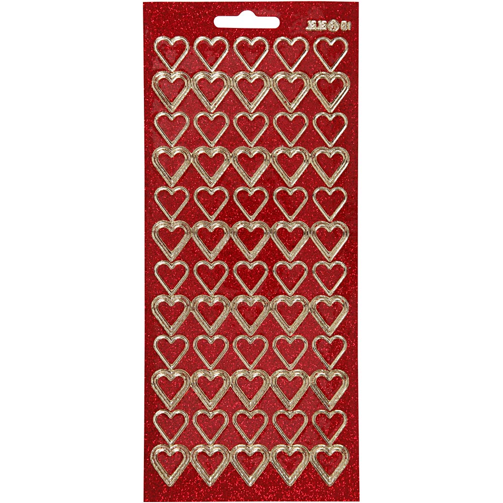 Creativ company autocollants, coeurs, feuille 10x23 cm, or, paillettes rouges, 1 feuille