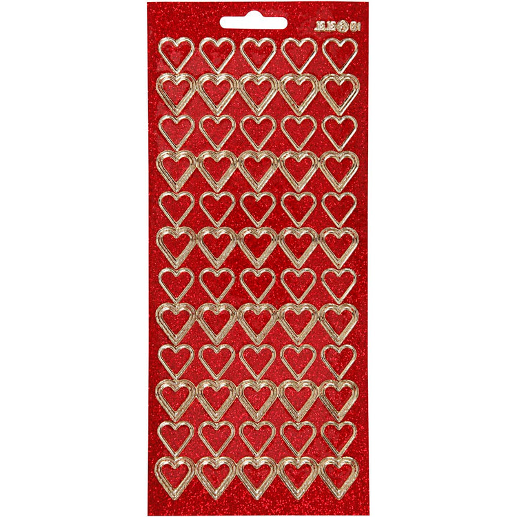 Creativ company autocollants, coeurs, feuille 10x23 cm, or, paillettes rouges, 1 feuille