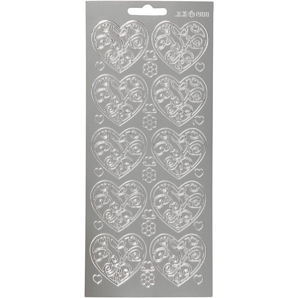 Creativ company autocollants, coeurs, feuille 10x23 cm, argent, 1 feuille
