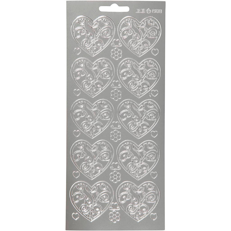 Creativ company autocollants, coeurs, feuille 10x23 cm, argent, 1 feuille