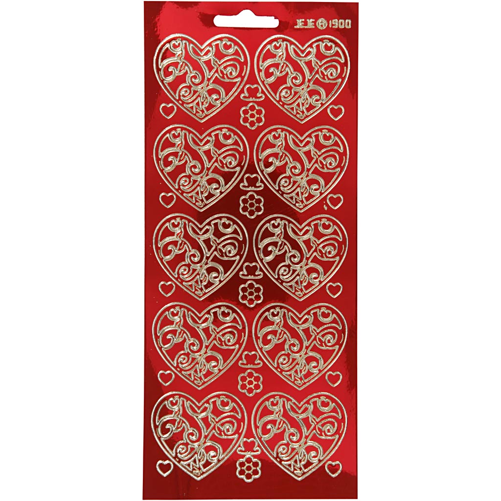 Creativ company autocollants, coeurs, feuille 10x23 cm, or, rouge transparent, 1 feuille