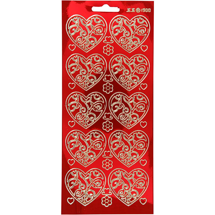 Creativ company autocollants, coeurs, feuille 10x23 cm, or, rouge transparent, 1 feuille