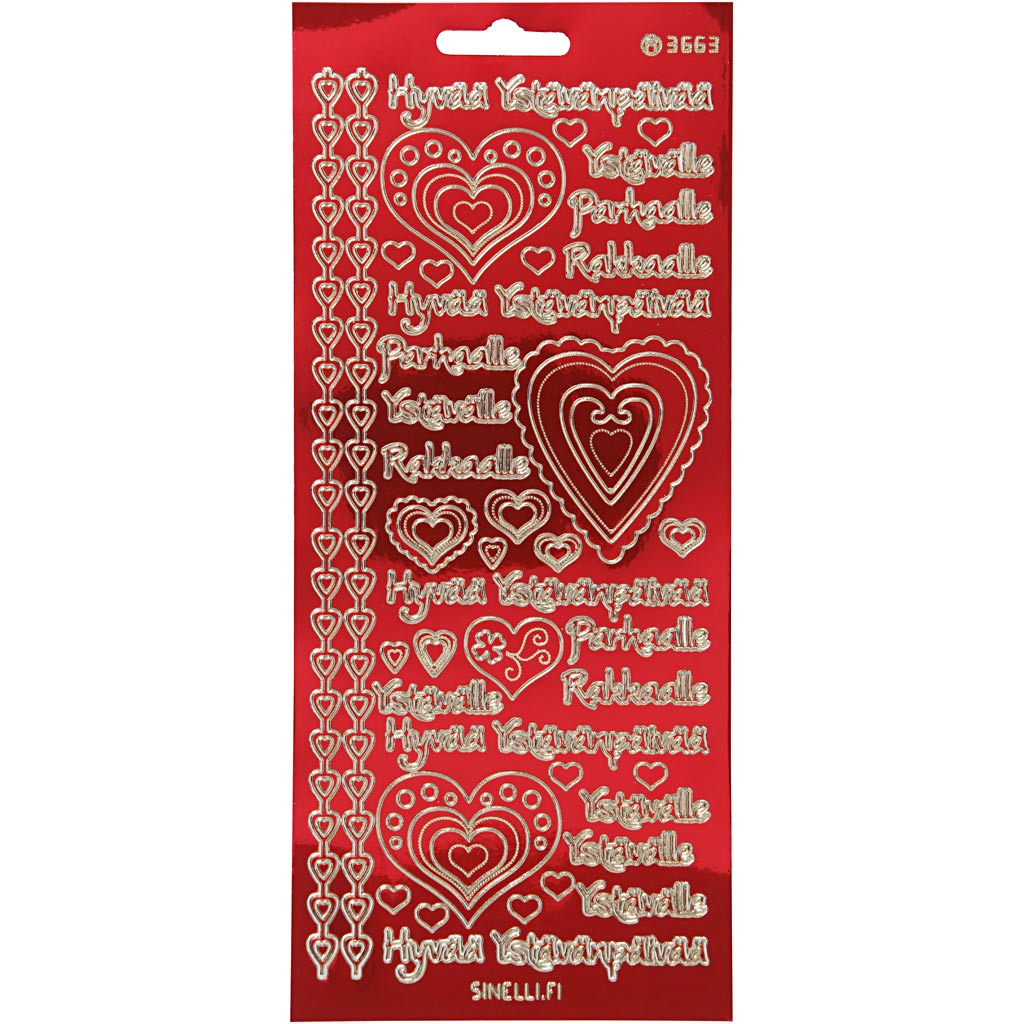Autocollants Creativ company, hyvaa ystävänpäivää, feuille 10x23 cm, or, rouge transparent, 1 feuille