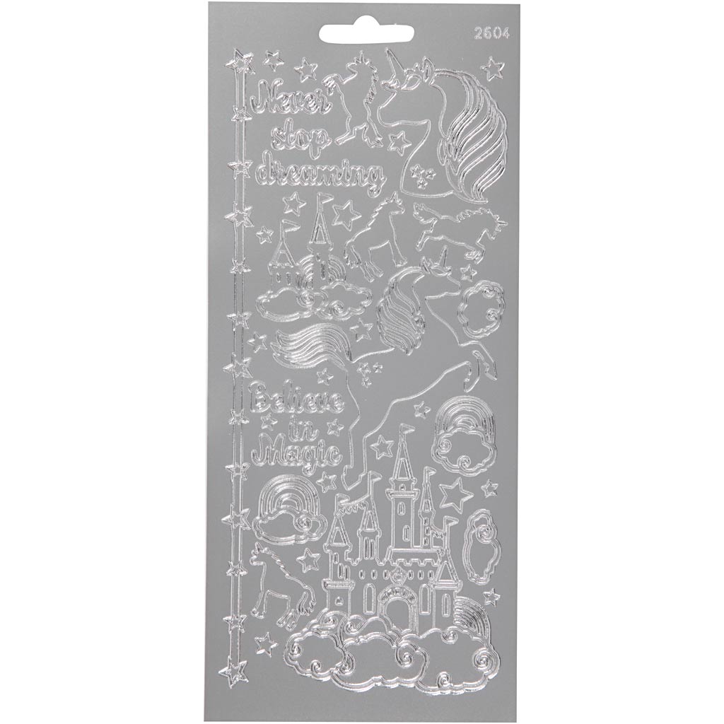 Autocollants Creativ company, licorne, feuille 10x23 cm, argent, 1 feuille