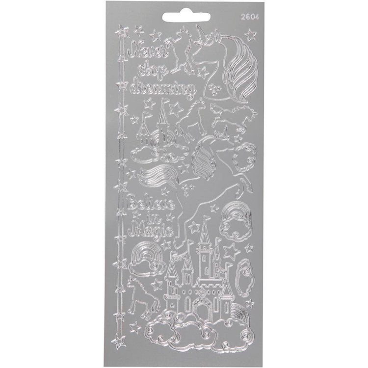 Autocollants Creativ company, licorne, feuille 10x23 cm, argent, 1 feuille