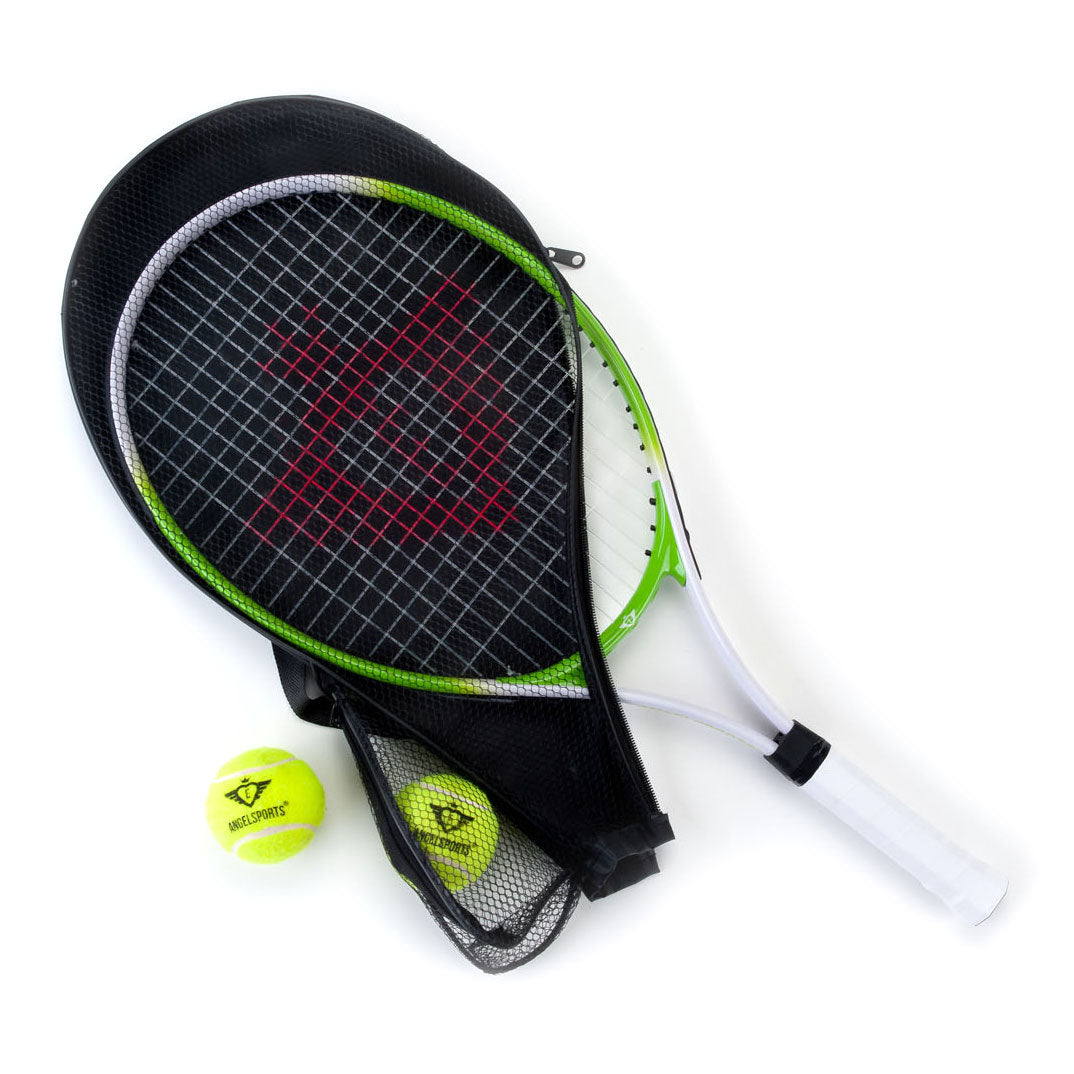 Racket de tennis avec couverture et 2 balles vertes