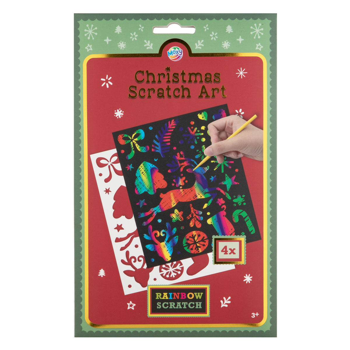 Groupe d'artisanat créatif à gratter arc-en-ciel de Noël avec modèle - 4 pièces.