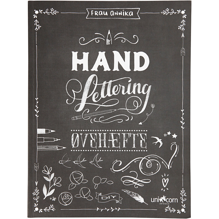 Lettrage à la main - exercices, format 21x28 cm, épaisseur 1 cm, nombre de pages 63, 1 pièce, texte danois