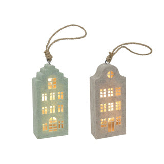 Suspension maison canal beige vert feutre LED 14,5cm 2 assortis