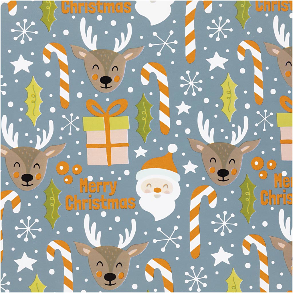 Papier cadeau Creativ company, Père Noël, cadeau de Noël, sucette, renne, l : 50 cm, 80 gr, gris, 5 m 1 rouleau