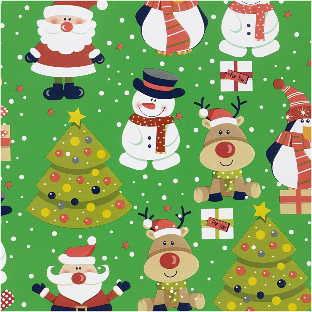 Papier cadeau Creativ company, Père Noël, sapin de Noël, cadeau de Noël, renne, bonhomme de neige et pingouin, l : 50 cm, 80 g, vert, 100 m 1 rouleau