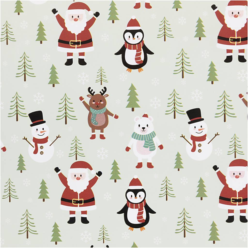 Papier cadeau Creativ company, Père Noël, bonhomme de neige, renne, ours polaire et pingouin, l : 50 cm, 80 gr, bleu glacier, 100 m 1 rouleau