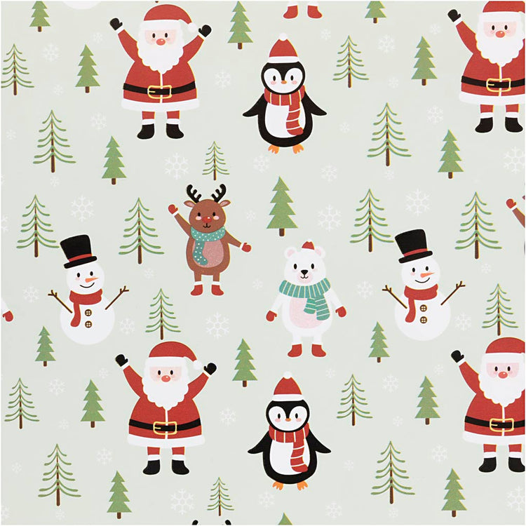 Papier cadeau Creativ company, Père Noël, bonhomme de neige, renne, ours polaire et pingouin, l : 50 cm, 80 gr, bleu glacier, 100 m 1 rouleau
