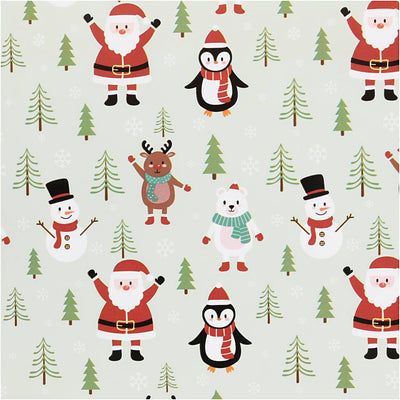 Papier cadeau Creativ company, Père Noël, bonhomme de neige, renne, ours polaire et pingouin, l : 50 cm, 80 gr, bleu glacier, 5 m 1 rouleau