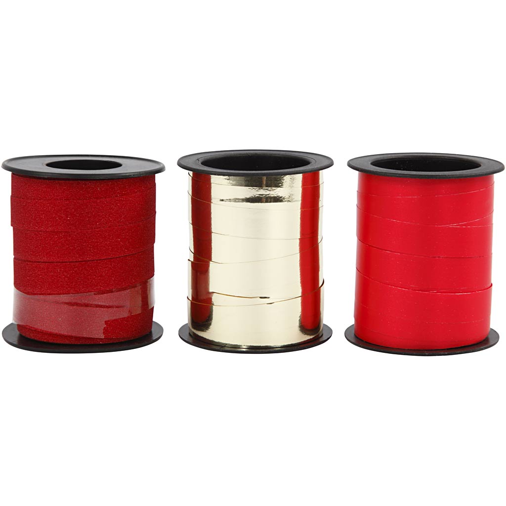 Ruban cadeau entreprise Creativ, l: 10 mm, or, rouge, paillettes rouges, 3x15 m 1 boîte