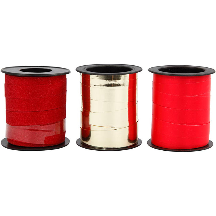 Ruban cadeau entreprise Creativ, l: 10 mm, or, rouge, paillettes rouges, 3x15 m 1 boîte