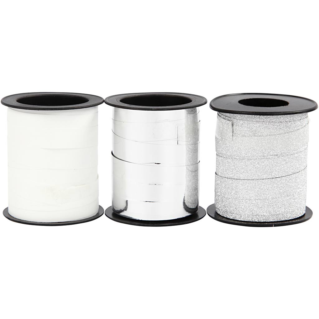 Ruban cadeau d'entreprise Creativ, l: 10 mm, argent, argent pailleté, blanc, 3x15 m 1 boîte