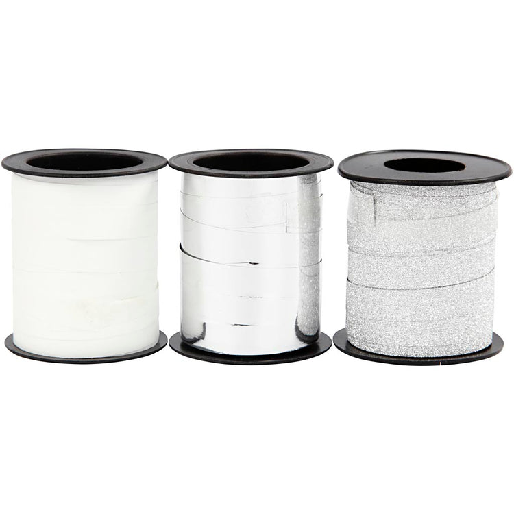 Ruban cadeau d'entreprise Creativ, l: 10 mm, argent, argent pailleté, blanc, 3x15 m 1 boîte