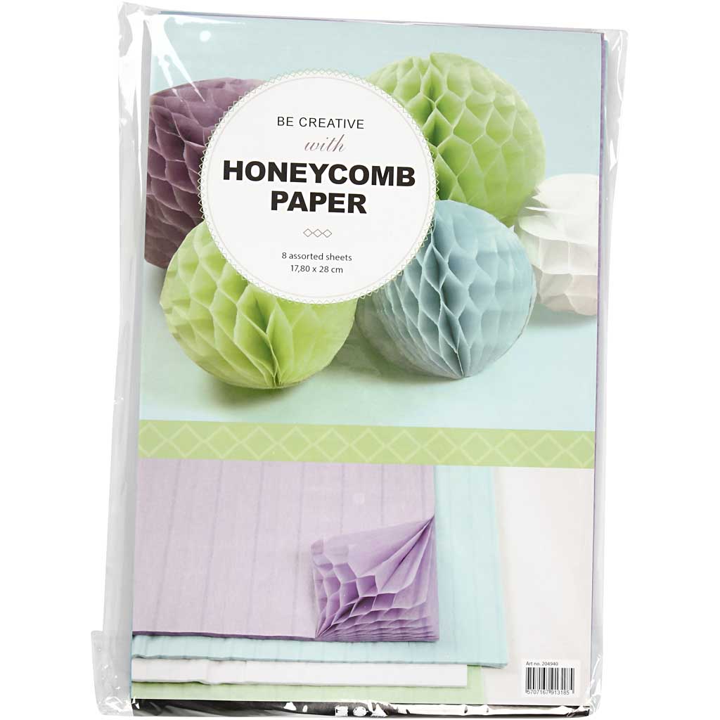 Papier nid d'abeille Creativ company, feuille 28x17,8 cm, bleu clair, vert, violet, blanc, 4x2 feuilles 1 boîte