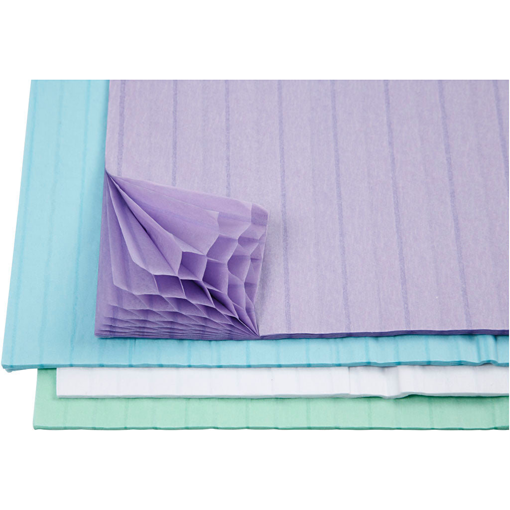 Papier nid d'abeille Creativ company, feuille 28x17,8 cm, bleu clair, vert, violet, blanc, 4x2 feuilles 1 boîte