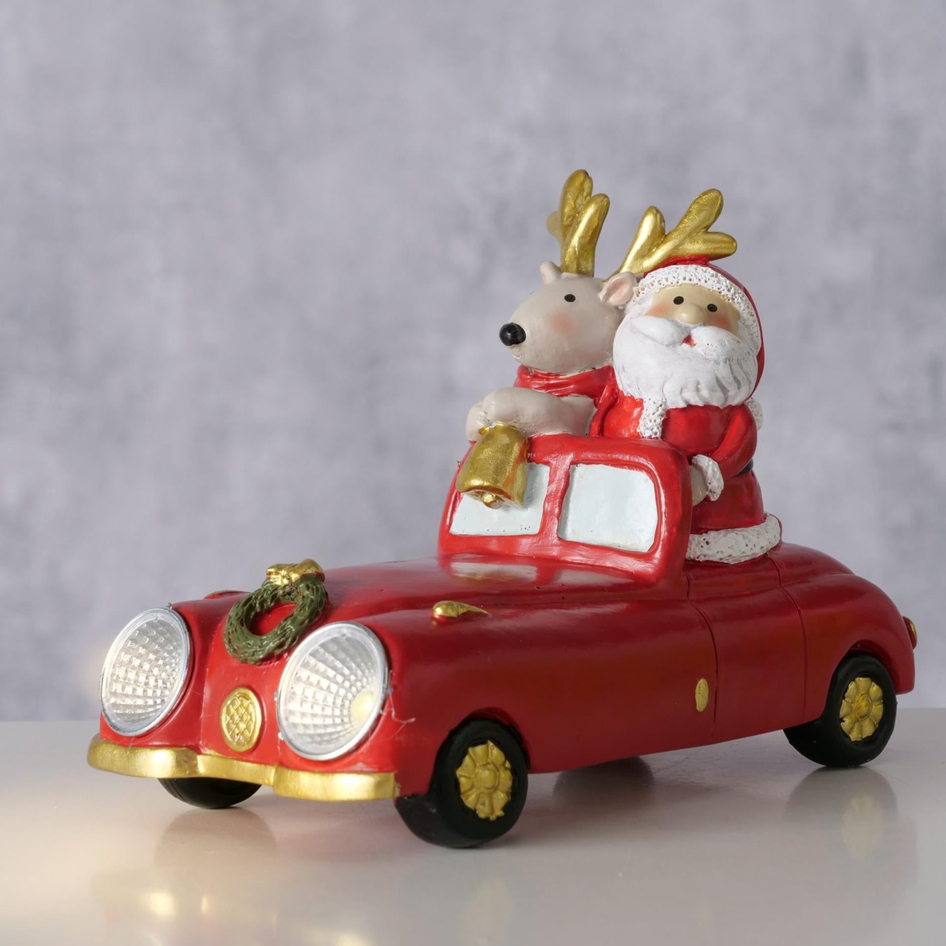 Voiture de maison Boltze avec cerf et père Noël en résine LED 14cm