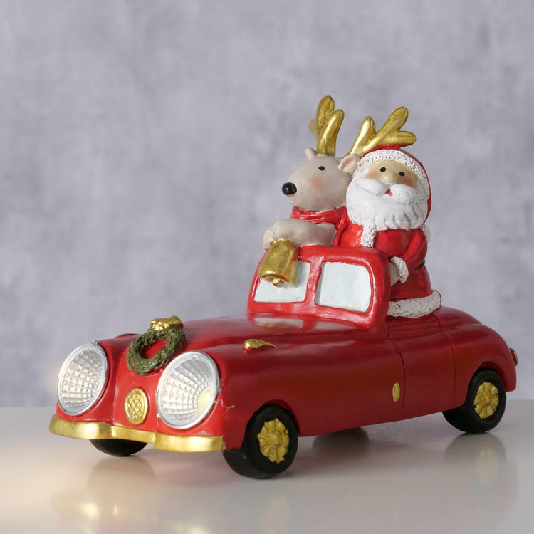 Voiture de maison Boltze avec cerf et père Noël en résine LED 14cm