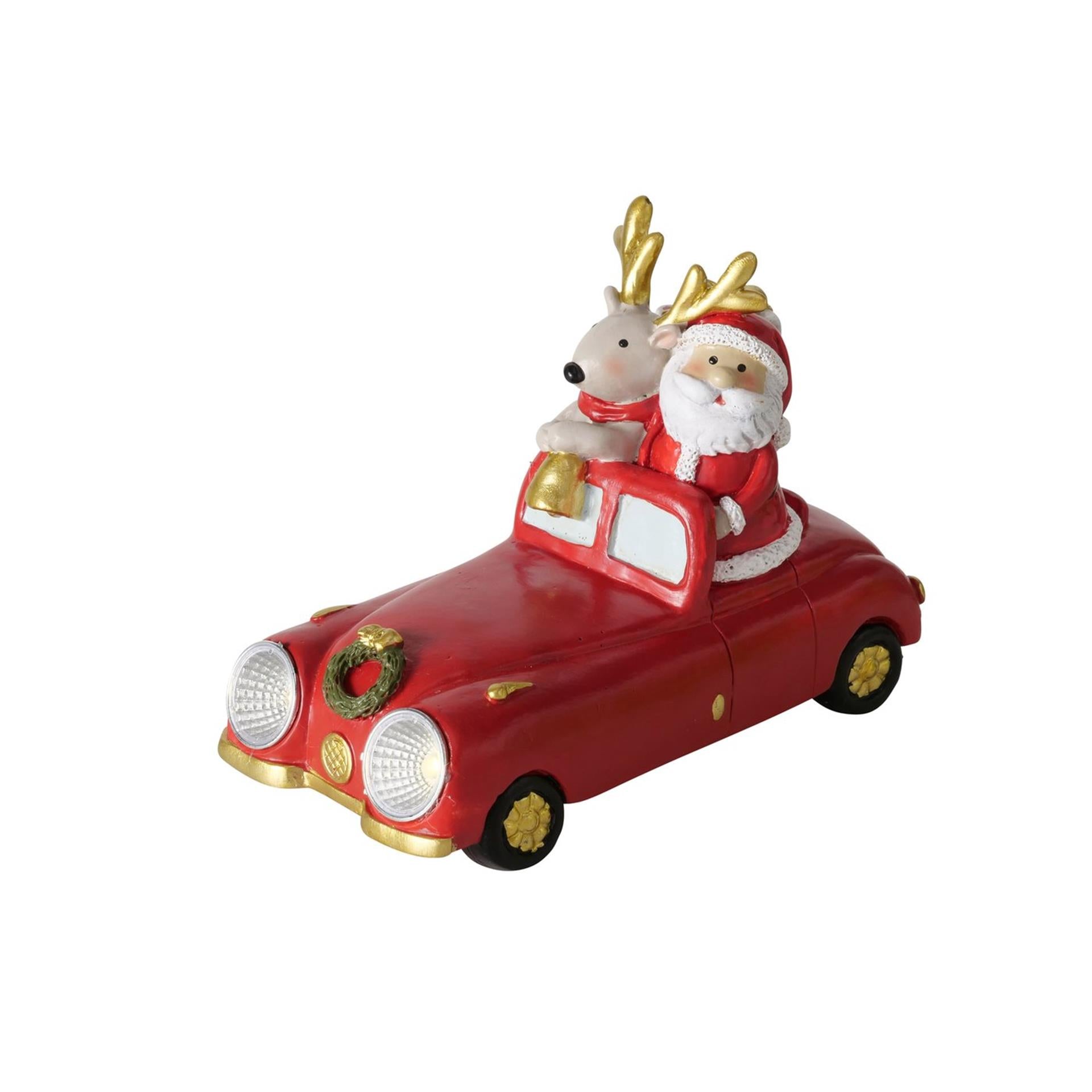 Voiture de maison Boltze avec cerf et père Noël en résine LED 14cm