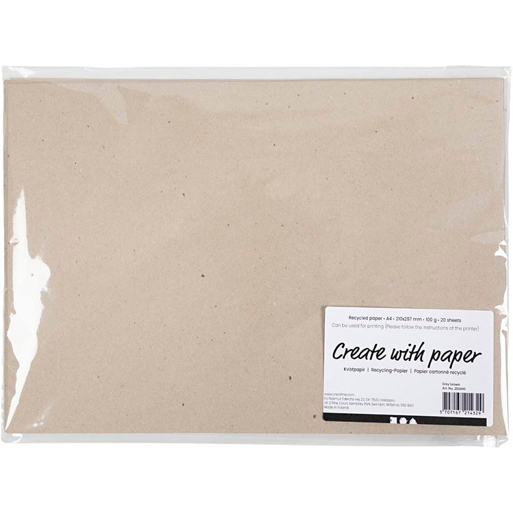 Papier recyclé Creativ company, a4, feuille 210x297 mm, 100 gr, gris brun, 20 feuilles 1 boîte