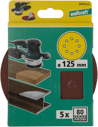 Disques abrasifs adhésifs Wolfcraft | corindon | k80 | perforé | ø125mm | 5 pièces - 2070000