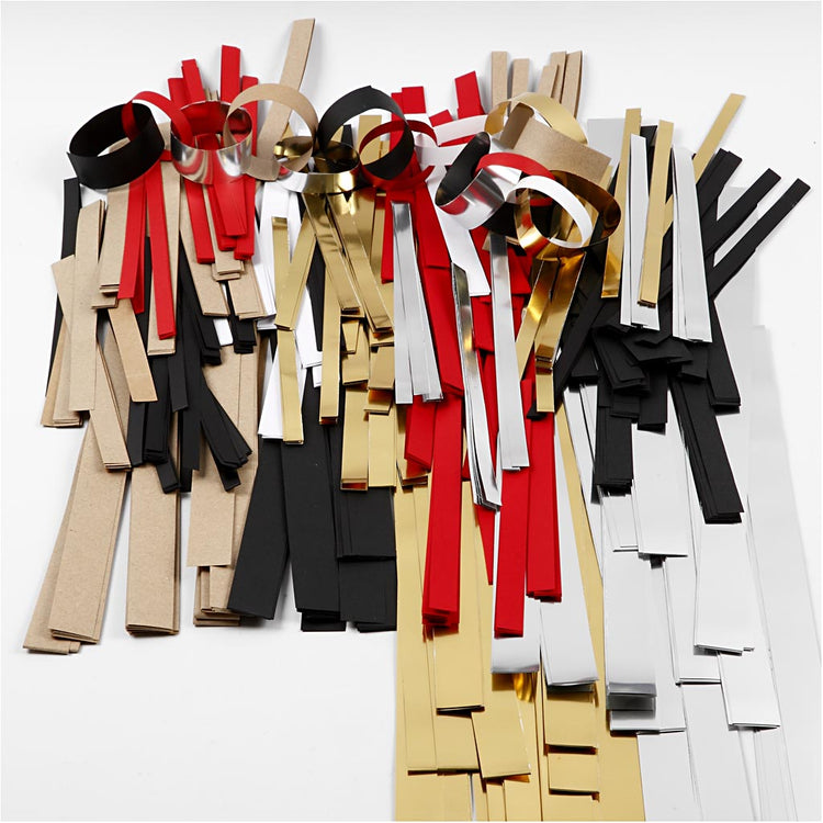 Bandes de tressage Creativ company, l: 44+78 cm, d 4,5+6,5+11,5 cm, l: 10+15+25 mm, contenu peut varier, or, rouge, argent, blanc, 5000 bandes 1 boîte
