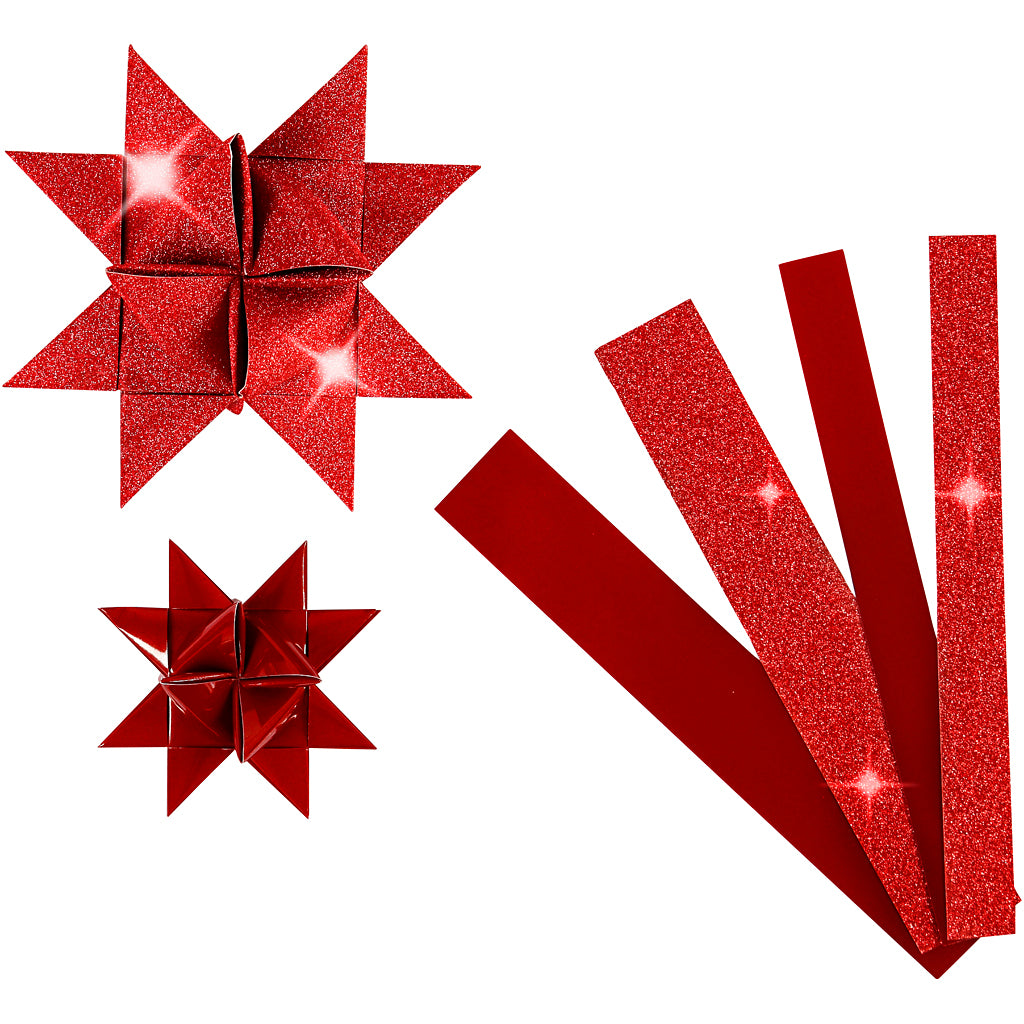 Bandes de tressage en papier Vivi Gade, l: 44+78 cm, l: 15+25 mm, d 6,5+11,5 cm, paillettes, vernis, rouge, 40 bandes 1 boîte