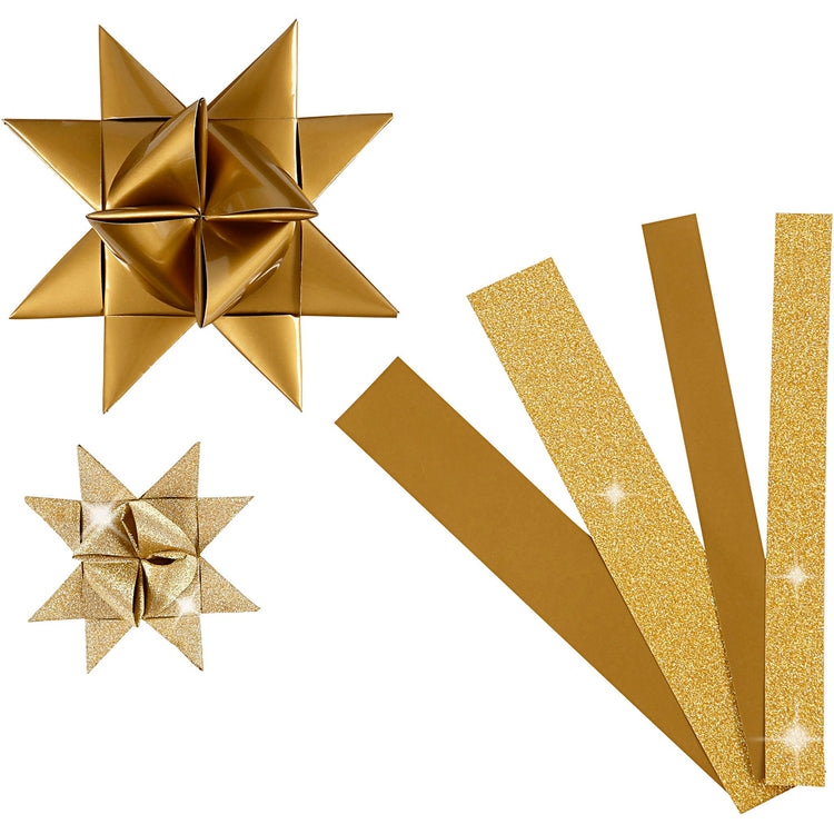Bandes de tressage en papier Vivi Gade, l: 44+78 cm, l: 15+25 mm, d 6,5+11,5 cm, paillettes, vernis, or, 40 bandes 1 boîte