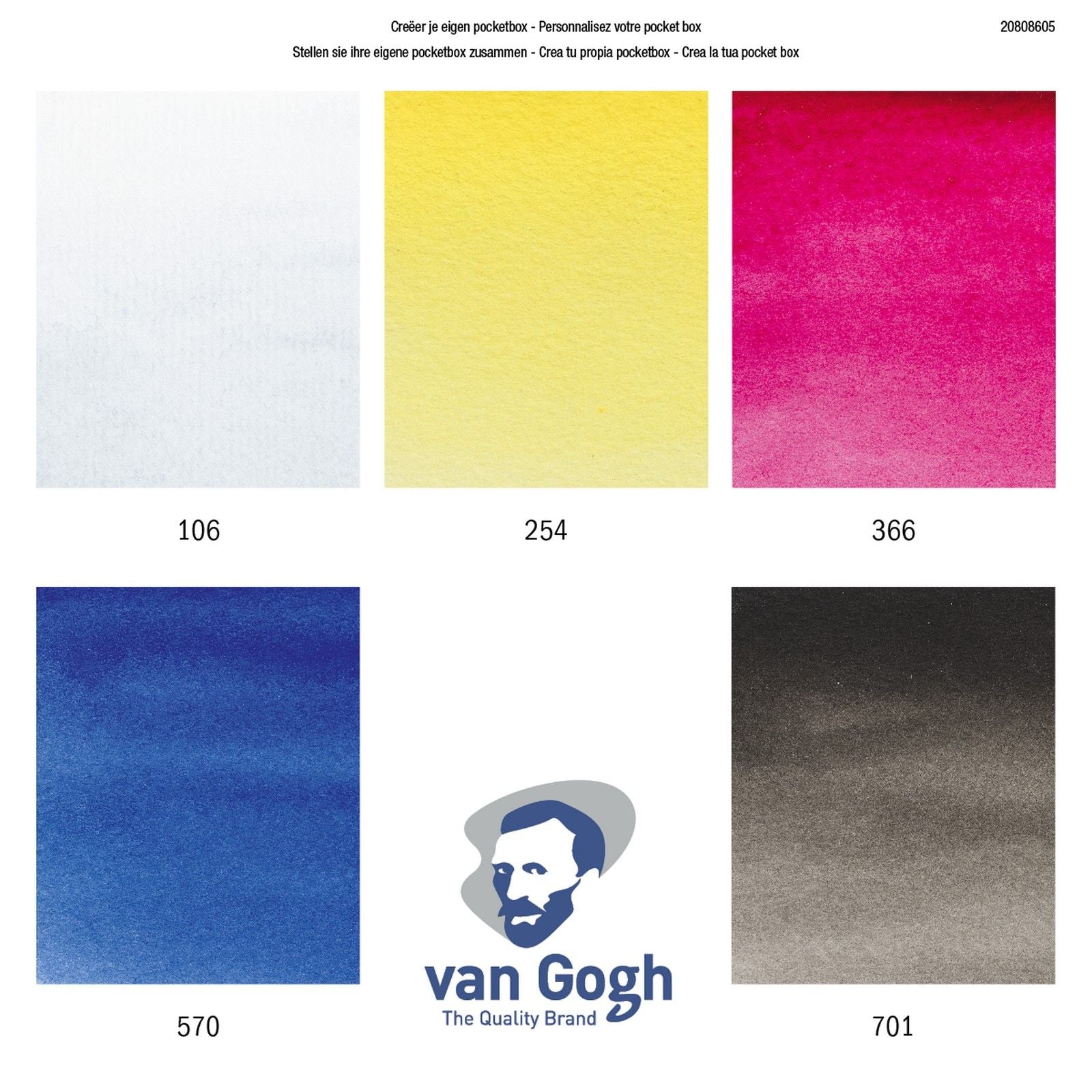 Van Gogh • boîte de poche pour peinture aquarelle, ensemble de mélange primaire 5 demi-casseroles + 7 blancs