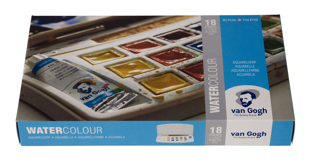 Van Gogh • coffret de peinture aquarelle dans un coffret en plastique avec 18 couleurs en demi-godets et 2 couleurs en tubes de 10 ml