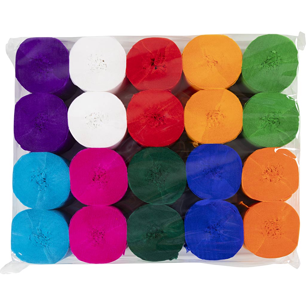 Creativ company rouleaux de papier crépon, l : 20 m, l : 5 cm, 22 gr, différentes couleurs, 20 rouleaux 1 boîte